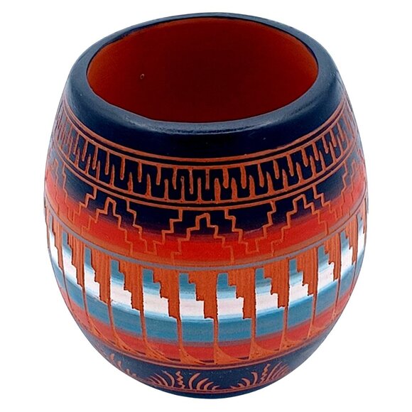 Handmade Navajo Handpainted & Etched Pottery Vase Or Candle Holder Signed E.B. W - Picture 5 of 8